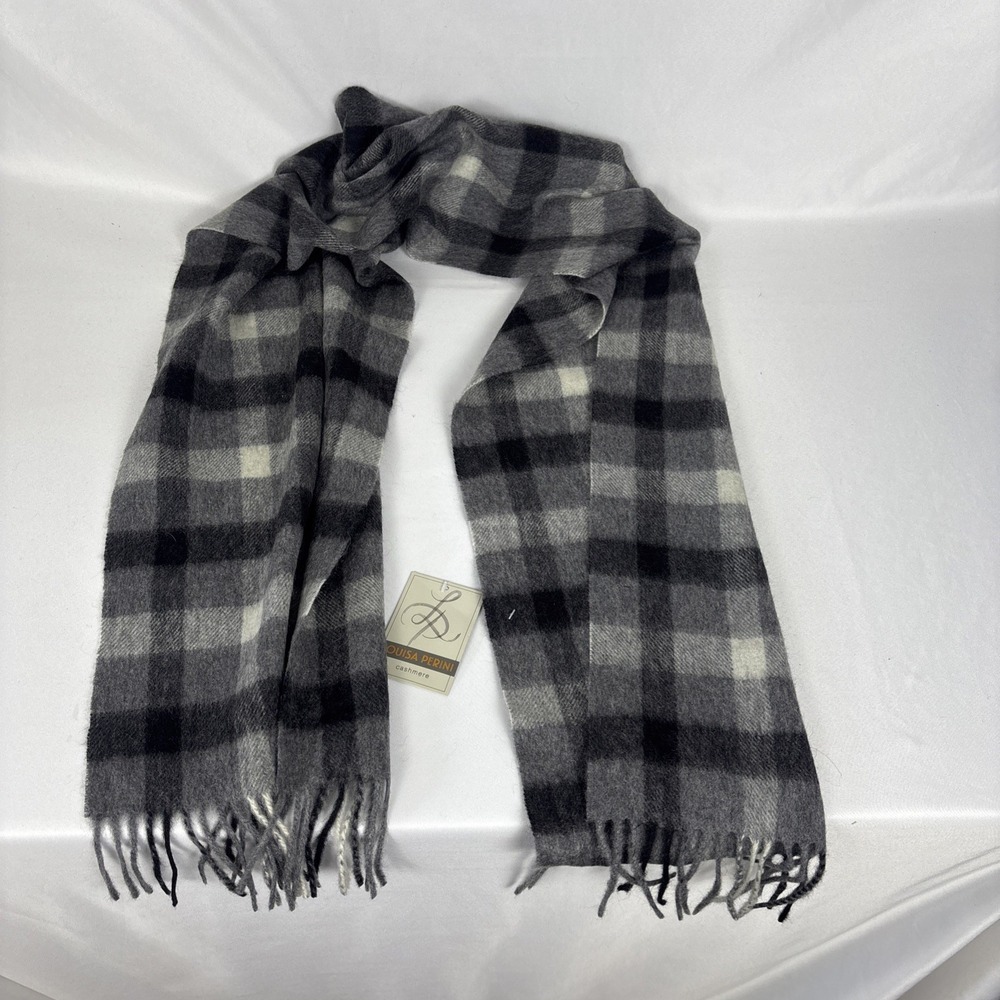 NWT 100% Cashmere Louisa Perini Gray Black Cream Plaid Scarf Fringe 60in x 12in